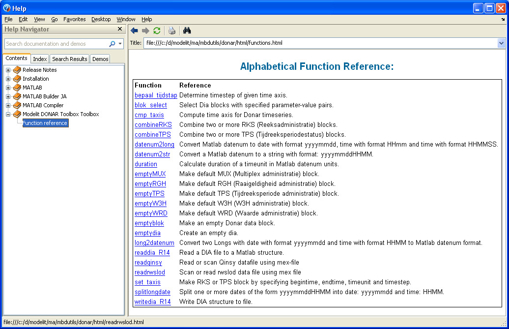 DONAR Toolbox help in Matlab Help Browser